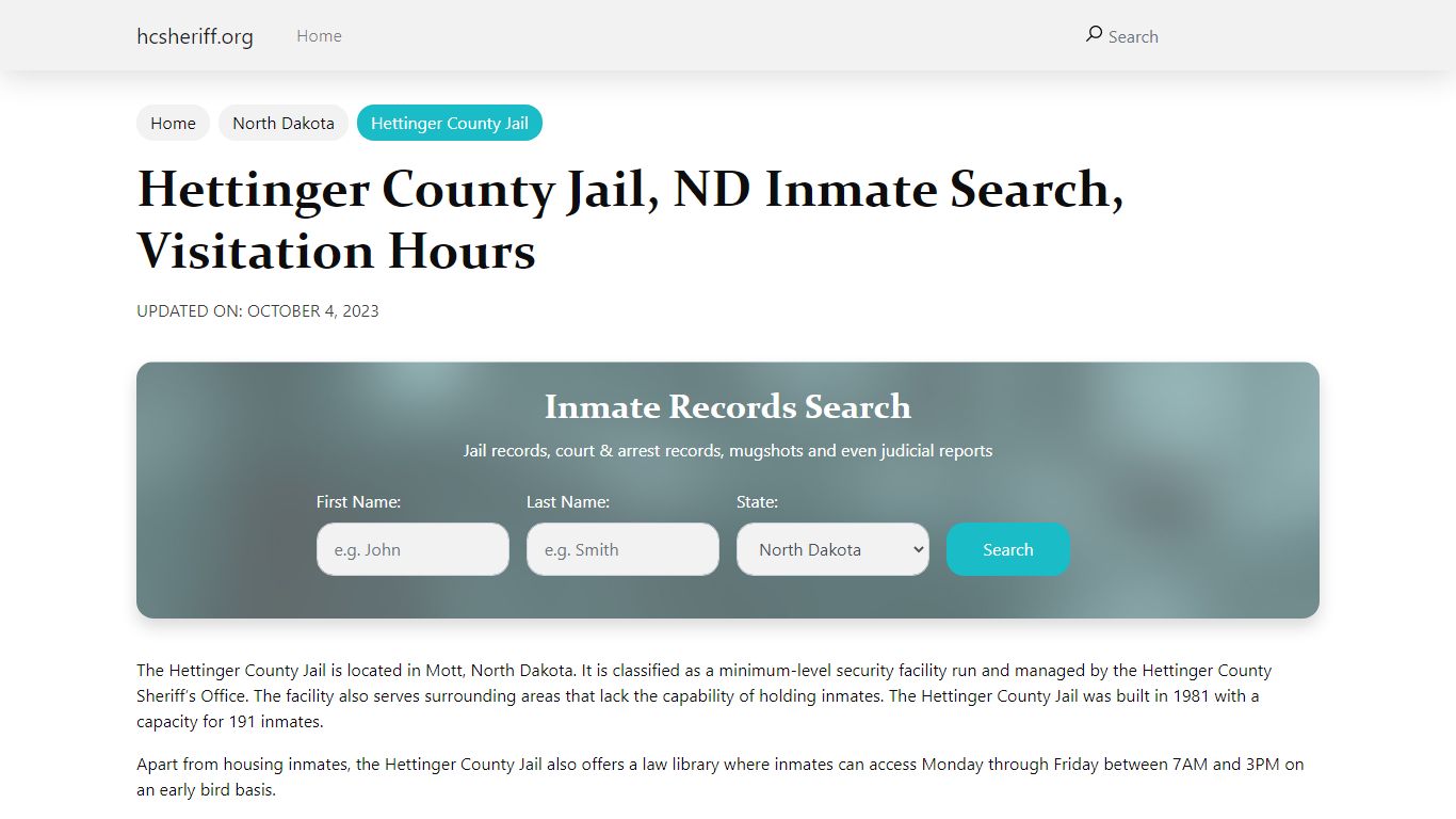 Hettinger County Jail, ND Inmate Search, Visitation Hours